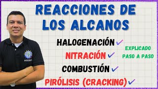 🏅REACCIONES DE LOS ALCANOS Halogenacion nitracion combustion y pirolisis o cracking [upl. by Brest327]