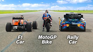 F1 Car vs MotoGP Bike vs Rally Car Ultimate Drag Race [upl. by Shelly800]