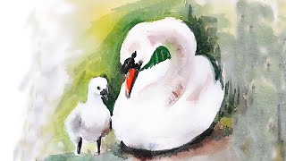 মা রাজহাঁস জলরং  swan watercolor easy [upl. by Lihas998]