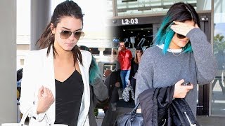 Kylie Jenner Shows Off Her Edgy Blue Hair Do With Sister Kendall At LAX 2014 [upl. by Elinad]