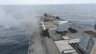 Slow motion video of a 5inch gun firing aboard USS Oscar Austin during a livefire exercise [upl. by Packer907]