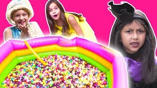 MAGIC PADDLING POOL FILLS WITH MampMs CHOCOLATE AND SKITTLES CANDY  Princesses In Real Life [upl. by Ainimre]