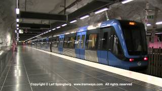 SL Tunnelbana tåg  Metro trains at Hallonbergen station Stockholm Sweden [upl. by Shirk]