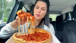 CHICAGO STYLE DEEP DISH PEPPERONI PIZZA  CAR MUKBANG  ASMR  EATING SOUNDS [upl. by Eeleak243]