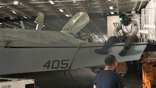 FA18 Hornet Maintenance Aboard Aircraft Carrier USS Nimitz [upl. by Moreland274]