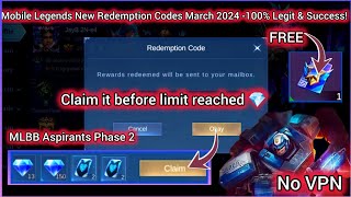 NO LIMIT MOBILE LEGENDS REDEEM CODE MARCH 23 2024  MLBB DIAMOND REDEEM CODES  NO VPN [upl. by Ocire]