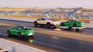 Tesla CYBERTRUCK Beats a Porsche 911 While Towing Another 911 [upl. by Morrissey564]