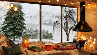 Winter Snow Mountain Cabin in Cozy Ambience with Snowfall Relaxing Wind Fireplace and Candles [upl. by Adialeda]