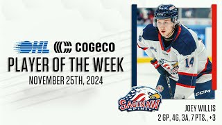 Spirits Joey Willis named Cogeco OHL Player of the Week [upl. by Elohcim941]