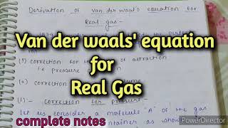 Van der waals equation for real Gas  physical chemistry Complete notes Gaseous state BSC [upl. by Etnoid]