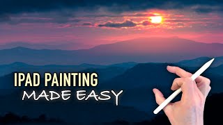 IPAD PAINTING MADE EASY  Mountains Sunset landscape tutorial in Procreate [upl. by Akirej]