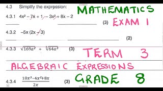 Mathematics Grade 8 Algebraic Expressions Exam 1 Term 3 mathszoneafricanmotives mathswithadmirelightone [upl. by Lyrehs]