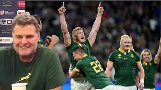 Rassie Erasmus reacts to Springboks beating France in the RWC  Springboks Press Conference [upl. by Armbrecht]