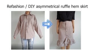 V011 Refashion mens shirt to asymmetrical gingham ruffle skirt  Thrift Flip [upl. by Mellen789]