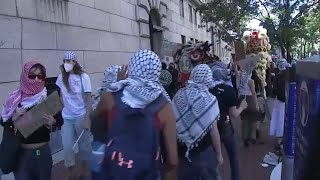 Demonstrators protest outside Columbia University on first day of classes [upl. by Nwahsid857]