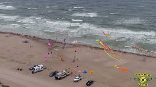 Aerial view of the Flyit Port A Spring Kite Festival on Port Aransas Beach BM13 [upl. by Almira]