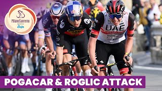 MilanoSanremo presented by EOLO 2022  Pogacar and Roglic attacks on the Poggio [upl. by Oniratac]