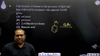 Chlorination of toluene in the presence of light and heat followed by treatment with aqueous NaO [upl. by Prevot]