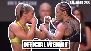 Cris Cyborg official weigh in Julia Budd Bellator 238 DAZN USA ESPN Brasil [upl. by Enirehtacyram]