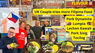 UK Couple tries Filipino Food  Lechon Kawali  Pork Sisig  Tocilog  Pork Lumpia [upl. by Fasa]