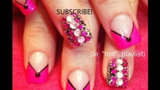 Pink and Black BLINGED OUT Chevron Nails Hot Nail Art Design Tutorial [upl. by Relyc]