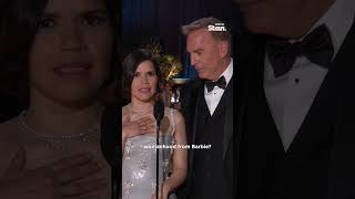 KevinCostner fawning over AmericaFerreras iconic Barbie monologue 🥰 GoldenGlobes [upl. by Anstice]