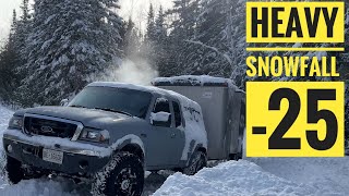 Cargo trailer camping in heavy snowfall and 25 degree weather [upl. by Sylirama367]