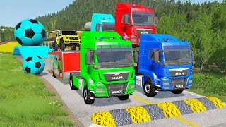 Double Flatbed Trailer Truck vs Speedbumps Train vs Cars  Tractor vs Train BeamngDrive 058 [upl. by Derreg]