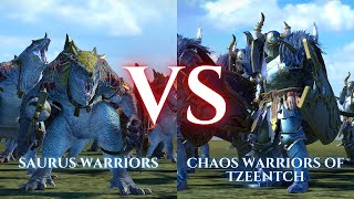 WARHAMMER III Total War  Saurus Warriors Shields VS Chaos Warriors of Tzeentch [upl. by Rhodes]