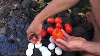 Tomatoes with eggs cooking in the forest [upl. by Aerbua]