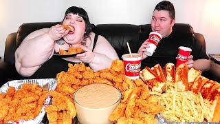 100 Raising Canes Chicken Fingers With Hungry Fat Chick • MUKBANG [upl. by Hluchy699]