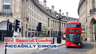 Red Buses of London  Piccadilly Circus  Iconic London Red Buses as they drive through City Centre [upl. by Dworman196]