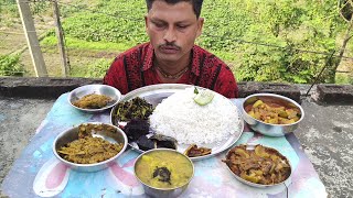 ৯ রকমের তরিতরকারি দিয়ে গরমের দুপুরে অনেকটা ভাত খেলাম  Eating Rice  Lau Khosa Bata  Chingri [upl. by Esiouqrut]