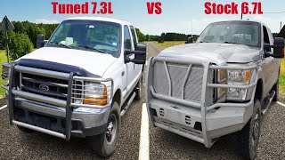 Tuned 73L vs Stock 67L Powerstroke [upl. by Ahsiemaj]