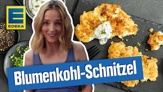 BlumenkohlSchnitzel  Vegetarisches Rezept mit paniertem Blumenkohl und Dip [upl. by Deeann816]