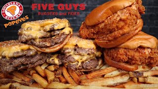 ASMR FIVE GUYS TRIPLE CHEESE BURGERS amp FRIES POPEYES SPICY CHICKEN SANDWICHES MUKBANG [upl. by Ardnauqal]