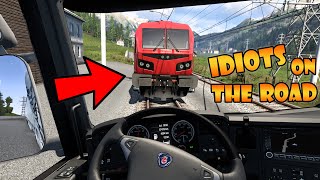 IDIOTS on the road 105  HIT by TRAIN  Funny moments  ETS2 Multiplayer [upl. by Jonina]