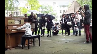 11 year old George Harliono plays Moonlight Sonata 3rd mov on a Street Piano in the rain [upl. by Pietje]