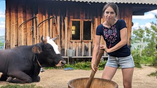 Hard hand work in a mountain village on cows farm Making 3 types of cheese one day [upl. by Hescock]