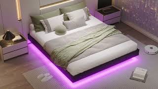 Sikaic Floating Bed Frame With LED Lights No Headboard Black [upl. by Akcimahs]