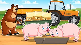 Bear Farmer Transports and Feeds Pigs  Trucks Trailers Cranes  Vehicles Farm Animated [upl. by Zirkle]