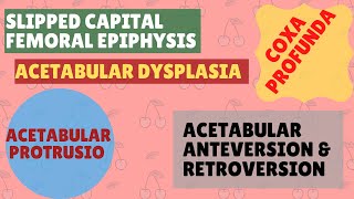 SLIPPED CAPITAL FEMORAL EPIPHYSIS COXA PROFUNDA ACETABULAR PROTURSIO ANTEVERSION amp RETROVERSION [upl. by Aitan444]