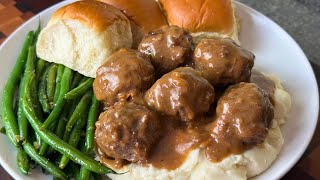 💯Homemade Meatballs in Brown Gravy Garlic Mashed Potatoes Garlicky Green Beans Soul Food Dinner [upl. by Idnam790]