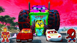 Epic Escape  SpiderMan Lightning McQueen and Iron man VS Monster Truck Disney  BeamNGDrive [upl. by Electra]