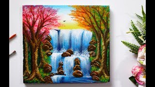 Step By Step Waterfall Landscape Painting for Beginners [upl. by Enyar]