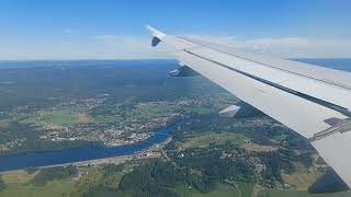 View over Oslo from flight AIRFRANCE Flight from Paris to Oslo summer view window seat [upl. by Nacnud]