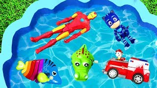 Learn Colors with Pj Masks Toys Trucks  Pool Toys For Kids  Animals Barbie Learn Colors For Kids [upl. by Mulac]