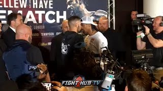 THEY ALMOST BRAWL TONY BELLEW PUSHES DAVID HAYE AT FACE OFF AT FINAL PRESS CONFERENCE [upl. by Ijneb]