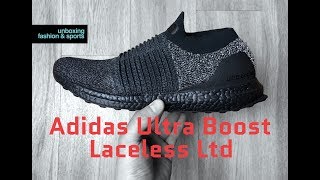 Adidas Ultra Boost Laceless Ltd ‘Triple Black’  UNBOXING amp ON FEET  fashion shoes  2018  4K [upl. by Kosel]