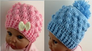 Easy crochet Baby hat beanie Bobble stitch Pom Pom tutorial  Designed by Happy Crochet Club [upl. by Anatnom182]